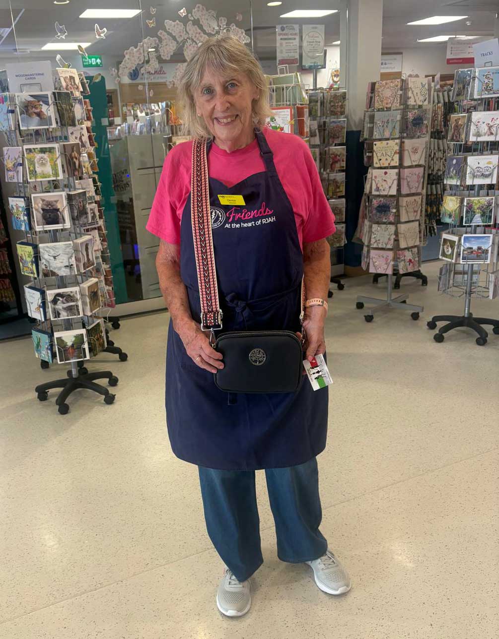 Denise, a volunteer at RJAH hospital Oswestry, has won our first competition and has chosen the first of her three handbags.